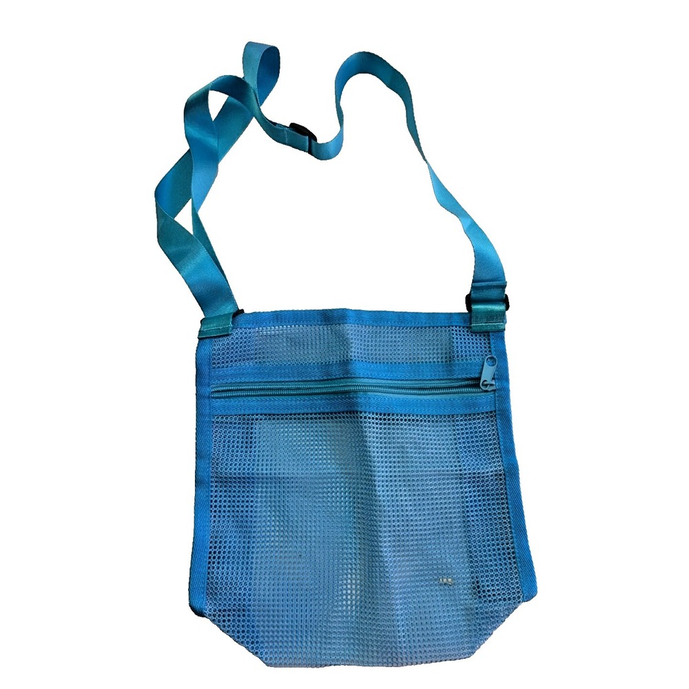Blue Mesh Beach Bag Zip Top Adjustable Strap Shell Toy Tote Pool Travel Carry